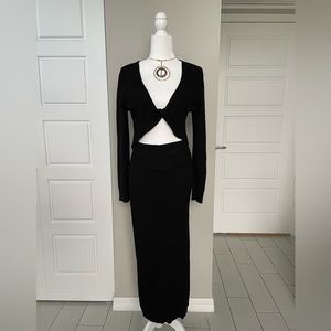 House of Harlow 1960 Black Knit Cutout Maxi Dress Long Sleeve Twist Front